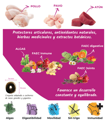 Pienso de Pollo, Pavo y Atún "CON CEREALES SIN GLUTEN + CRECIMIENTO SANO & SALUD ARTICULAR" para Perro Cachorro/Junior de tamaño Grande/Gigante