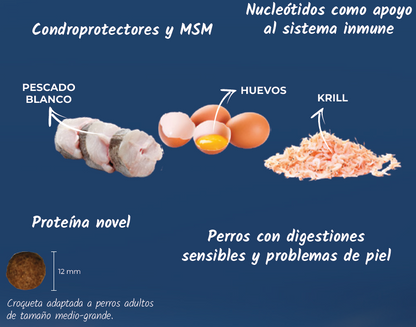 Pienso de Pescado Blanco "SIN CEREALES HIPOALERGÉNICO + SALUD ARTICULAR & DIGESTIVA" para Perro Adulto/Senior cualquier tamaño