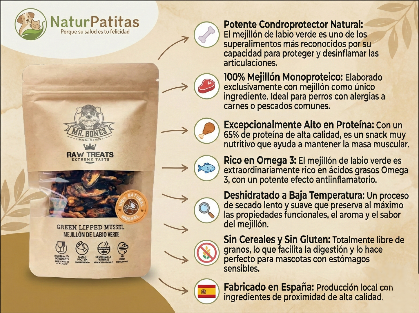 Snack Funcional Deshidratado de Mejillón de Labio Verde "SIN CEREALES + ARTICULACIONES & EFECTO ANTIINFLAMATORIO" para Perro & Gato