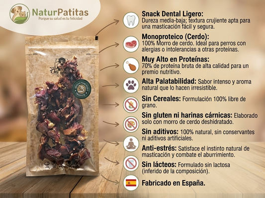 Snack Complementario Funcional Deshidratado Morro de Ciervo Ibérico "SIN CEREALES + ANTIESTRÉS & SALUD DENTAL" para Perro cualquier edad y tamaño