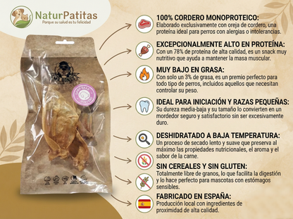 Snack Complementario Funcional Deshidratado de Oreja de Cordero "SIN CEREALES + SALUD DENTAL & ARTICULAR" para Perro Adulto/Senior tamaño Mini/Pequeño/Mediano