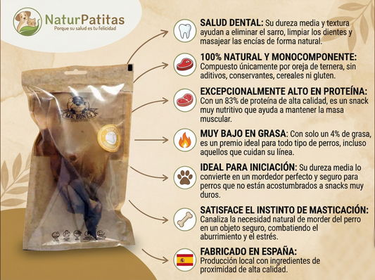 Snack Complementario Funcional Deshidratado de Oreja de Ternera  "SIN CEREALES + SALUD DENTAL & ARTICULAR" para Perro Adulto/Senior tamaño Mini/Pequeño/Mediano