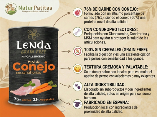 Paté Completo de Conejo con Zanahorias "SIN CEREALES + CUIDADO ARTICULAR & REFUERZO INMUNOLÓGICO" para Perro Adulto/Senior cualquier tamaño