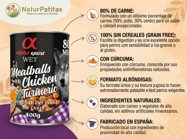 Albóndigas Completas de Pollo y Cúrcuma "SIN CEREALES + DIGESTIÓN SENSIBLE & REFUERZO INMUNITARIO" para Perro cualquier edad y tamaño