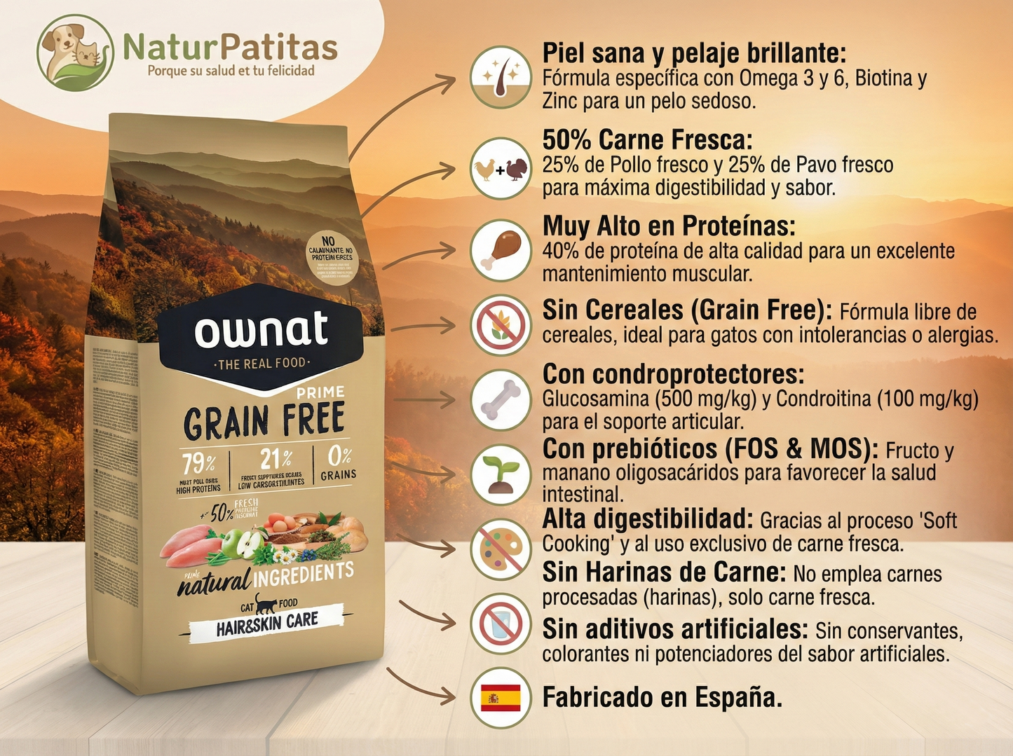 Pienso de Pollo y Pavo "SIN CEREALES + PIEL SANA Y PELAJE BRILLANTE & SALUD ARTICULAR" para Gato Adulto/Senior