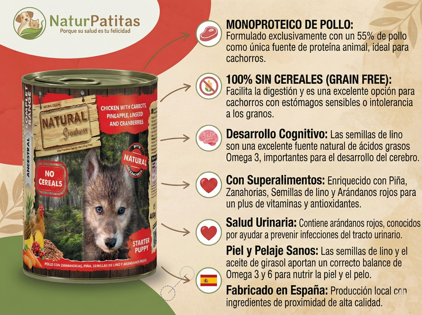 Paté Completo de Pollo "SIN CEREALES + CRECIMIENTO & DIGESTIVO" para Perro Cachorro cualquier tamaño