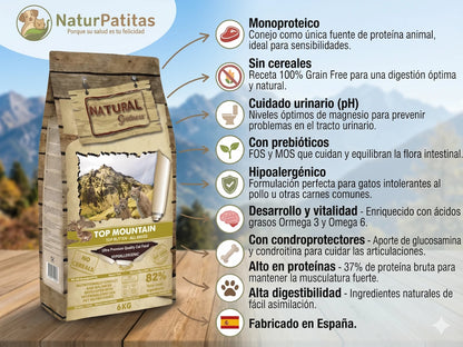 Infografía de la bolsa de comida para gatos Natural Greatness Top Mountain, receta hipoalergénica con 82% de ingredientes animales de conejo, sin cereales, de 6 KG. A la derecha, iconos que detallan beneficios como monoproteico, cuidado urinario, prebióticos y fabricado en España.