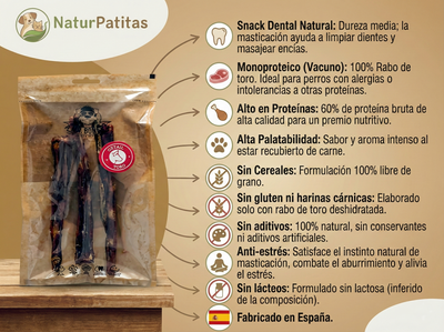 Snack Complementario Funcional Deshidratado Rabo de Toro "SIN CEREALES + ANTIESTRÉS & SALUD DENTAL" para Perro Junior/Adulto/Senior tamaño Mediano/Grande