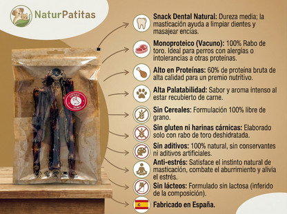 Snack Complementario Funcional Deshidratado Rabo de Toro "SIN CEREALES + ANTIESTRÉS & SALUD DENTAL" para Perro Junior/Adulto/Senior tamaño Mediano/Grande