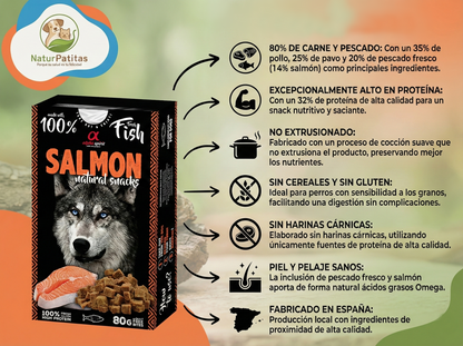 Snack Complementario Funcional Semihúmedo de Salmón "SIN CEREALES + REFUERZO ARTICULAR & PELAJE Y PIEL SANA" para Perro cualquier edad y tamaño
