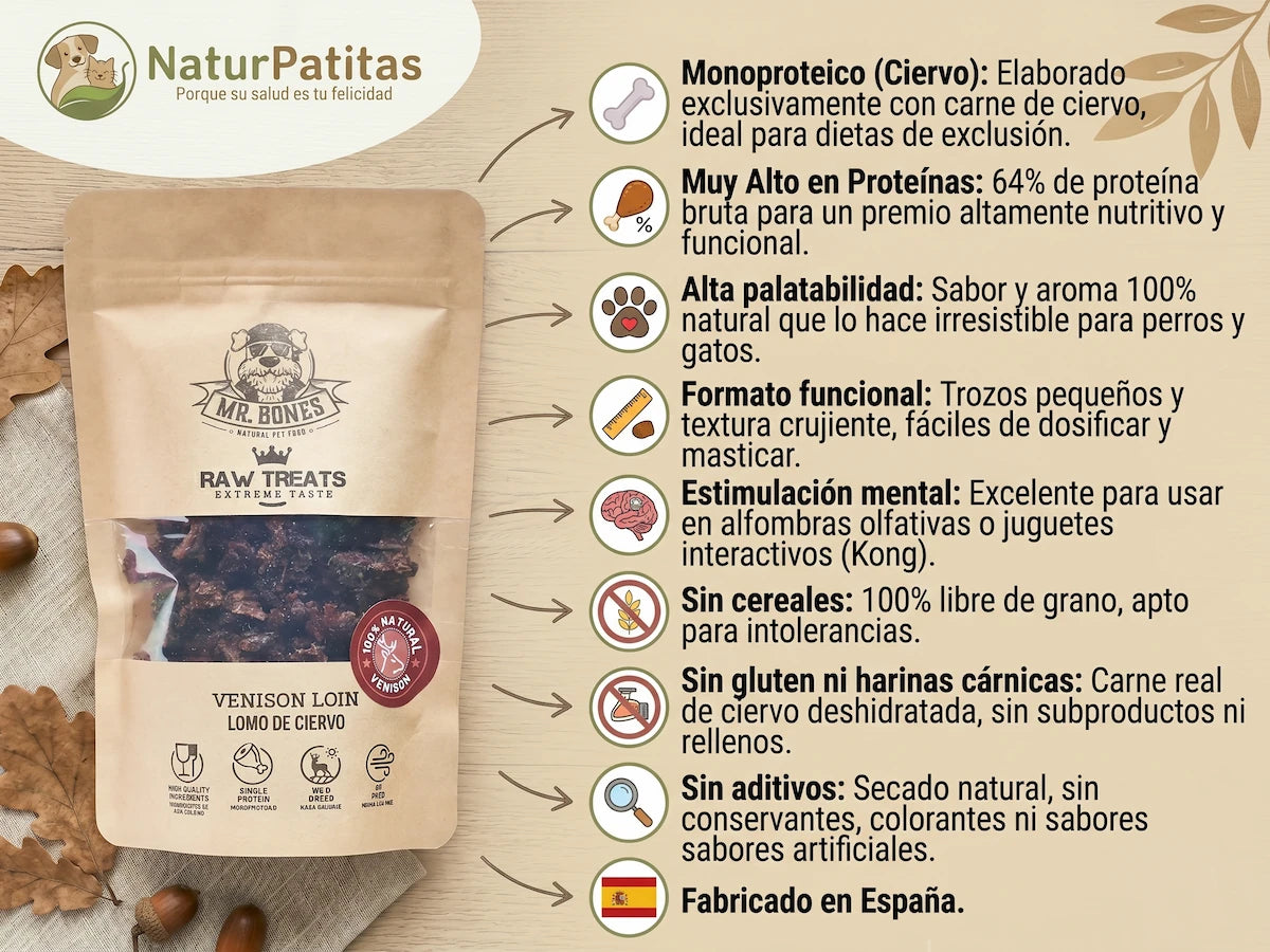Snack deshidratado de ciervo sin cereales NaturPatitas, 100% carne de ciervo para perros y gatos.
