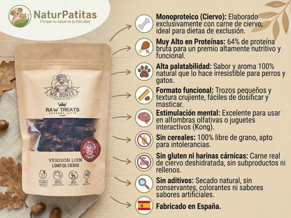 Snack deshidratado de ciervo sin cereales NaturPatitas, 100% carne de ciervo para perros y gatos.
