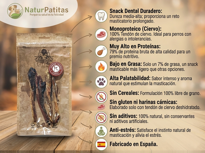 Snack Complementario Funcional Deshidratado Tendón de Ciervo "SIN CEREALES + ANTIESTRÉS & SALUD DENTAL" para Perro Junior/Adulto/Senior Tamaño Mediano/Grande