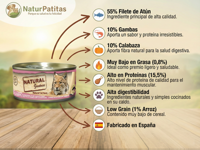 Topper Complementario Comida Real de Atún, Gambas y Calabaza "BAJO EN CEREALES SIN GLUTEN+ DIGESTIVO & CONTROL DE PESO" para Gato Adulto/Senior y Esterilizado