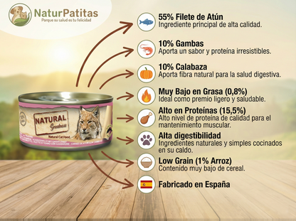 Topper Complementario Comida Real de Atún, Gambas y Calabaza "BAJO EN CEREALES SIN GLUTEN+ DIGESTIVO & CONTROL DE PESO" para Gato Adulto/Senior y Esterilizado