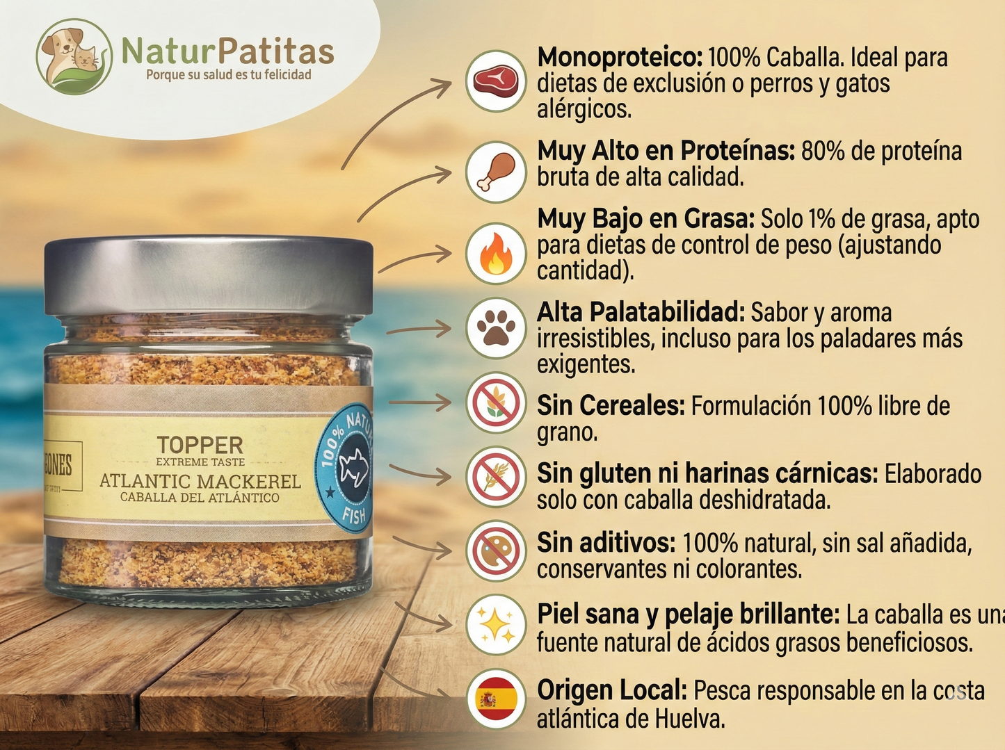 Topper Funcional Saborizante de Caballa "SIN CEREALES + CONTROL DE PESO & MASA MUSCULAR" para Perro & Gato