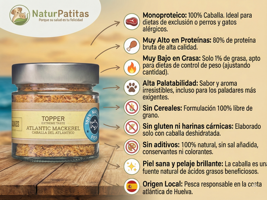 Topper Funcional Saborizante de Caballa "SIN CEREALES + CONTROL DE PESO & MASA MUSCULAR" para Perro & Gato