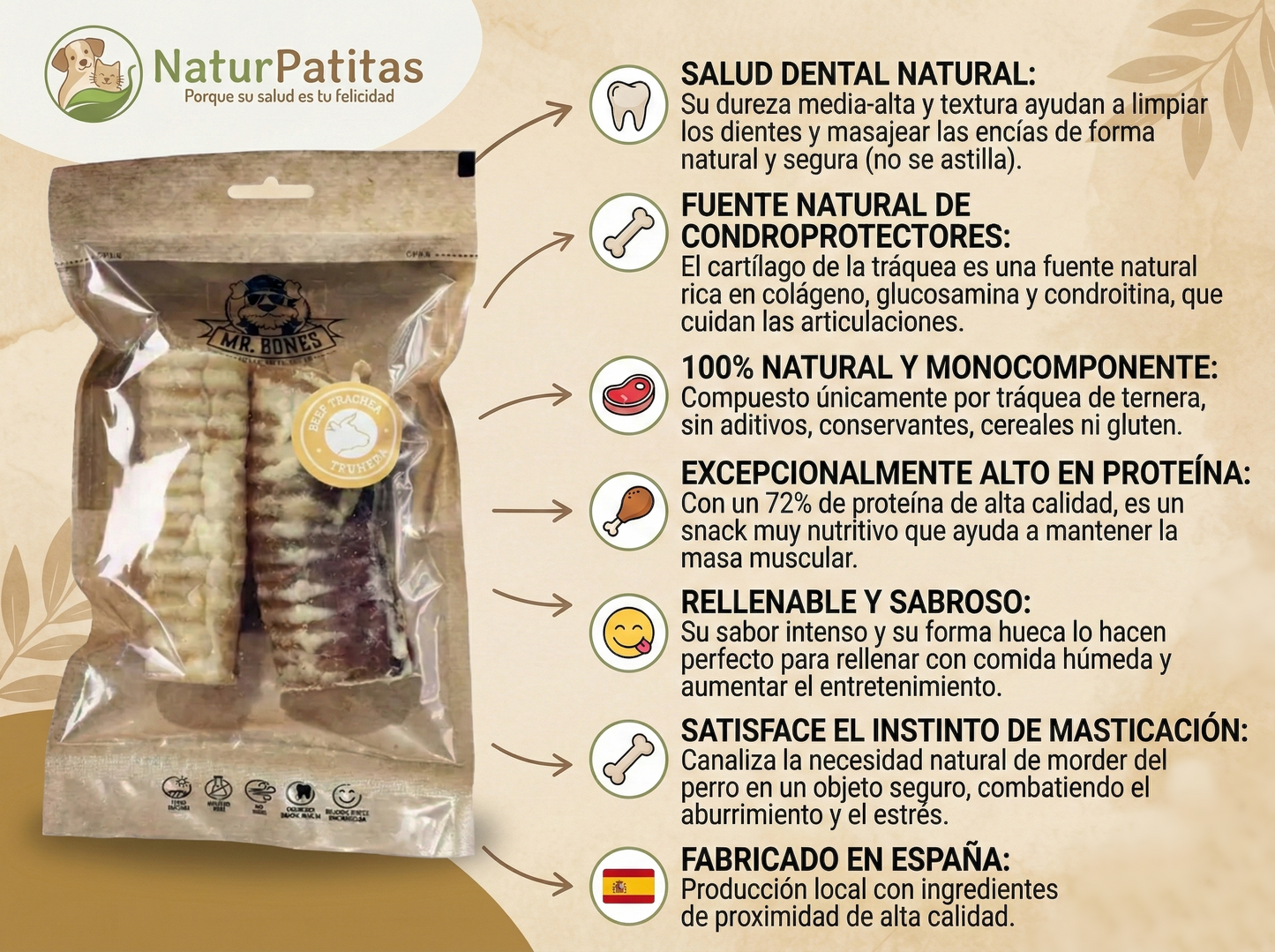 Snack Complementario Funcional Deshidratado Tráquea de Ternera "SIN CEREALES + SALUD DENTAL & ARTICULAR" para Perro Adulto/Senior tamaño Mediano/Grande