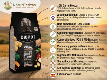 Pienso de Pollo, Pavo y Salmón "BAJO EN CEREALES SIN GLUTEN + SOPORTE INMUNOLÓGICO & ARTICULAR" para Perro Adulto tamaño Mediano/Grande/Gigante
