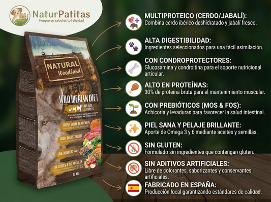 Pienso de Cerdo Ibérico & Jabalí Fresco "BAJO EN CEREALES SIN GLUTEN + SALUD ARTICULAR & PIEL Y PELAJE" para Perro cualquier edad de cualquier tamaño