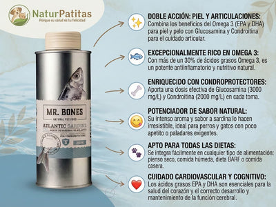 Suplemento de Aceite de Sardina PROTECCIÓN ARTICULAR y PIEL y PELO ÓPTIMO para Perro y Gato (también Esterilizado)