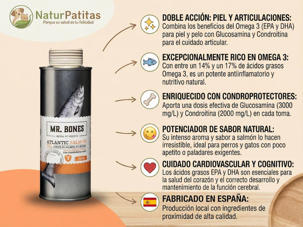 Suplemento de Aceite de Salmón PROTECCIÓN ARTICULAR y PIEL y PELO ÓPTIMO para Perro y Gato (también Esterilizado)