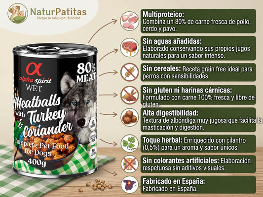 Infografía de producto NaturPatitas para la lata de comida húmeda Alpha Spirit Wet Meatballs with Turkey & Coriander de 400g. Detalla 8 puntos fuertes: multiproteico con 80% carne fresca (pollo, cerdo, pavo), sin aguas añadidas conservando jugos naturales, grain free para perros sensibles, sin gluten ni harinas cárnicas, alta digestibilidad con textura de albóndiga, toque herbal de cilantro (0.5%), sin colorantes artificiales, y fabricado en España. El logo de NaturPatitas está arriba a la izq