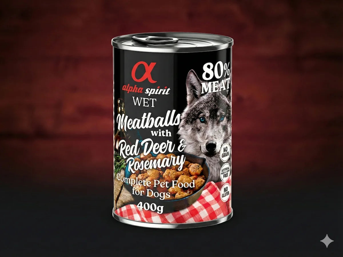 Lata de albóndigas de Ciervo, Pollo y Cerdo con Romero para Perro sin cereales