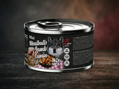 Lata de albóndigas de Cordero, Pollo y Cerdo con Comino para Perro sin cereales