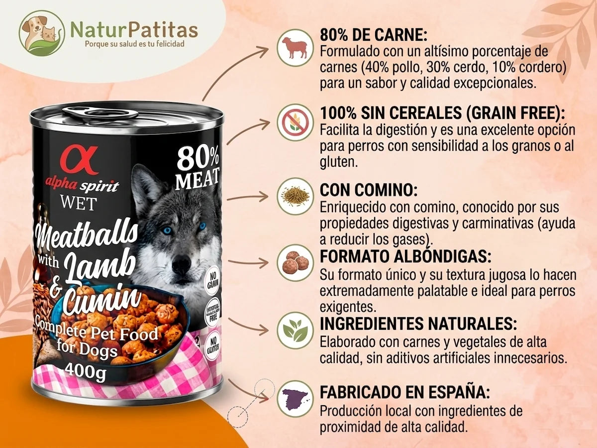 Lata de albóndigas de Cordero, Pollo y Cerdo con Comino para Perro sin cereales