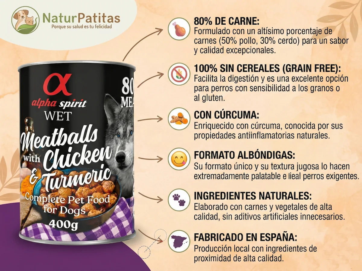 Lata de albóndigas de Pollo y Cerdo con Cúrcuma para Perro sin cereales