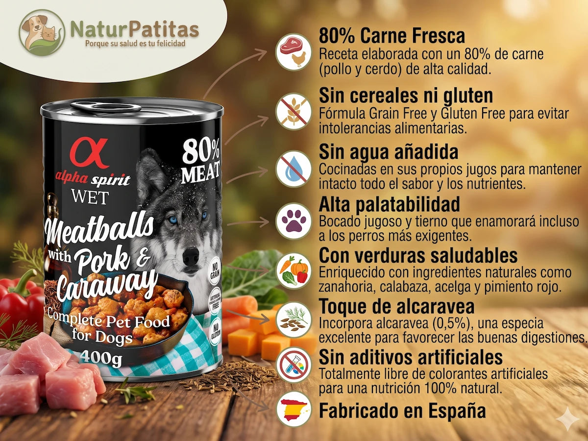 Albóndigas Completas de Cerdo y Pollo con Alcaravea SIN CEREALES + ALTA DIGESTIBILIDAD y SALUD INTESTINAL para Perro Adulto/Senior Todos los Tamaños (también Esterilizados)