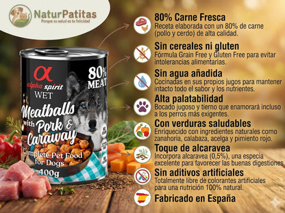 Albóndigas Completas de Cerdo y Pollo con Alcaravea SIN CEREALES + ALTA DIGESTIBILIDAD y SALUD INTESTINAL para Perro Adulto/Senior Todos los Tamaños (también Esterilizados)