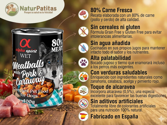 Albóndigas Completas de Cerdo y Pollo con Alcaravea SIN CEREALES + ALTA DIGESTIBILIDAD y SALUD INTESTINAL para Perro Adulto/Senior Todos los Tamaños (también Esterilizados)