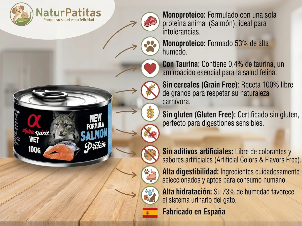 Infografía de la lata de comida húmeda para gatos Alpha Spirit sabor salmón de 100g. Se muestran sus beneficios clave: monoproteico, con taurina, sin cereales, sin gluten, sin aditivos, alta digestibilidad e hidratación. Fabricado en España.