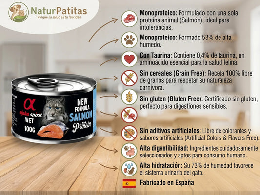Infografía de la lata de comida húmeda para gatos Alpha Spirit sabor salmón de 100g. Se muestran sus beneficios clave: monoproteico, con taurina, sin cereales, sin gluten, sin aditivos, alta digestibilidad e hidratación. Fabricado en España.