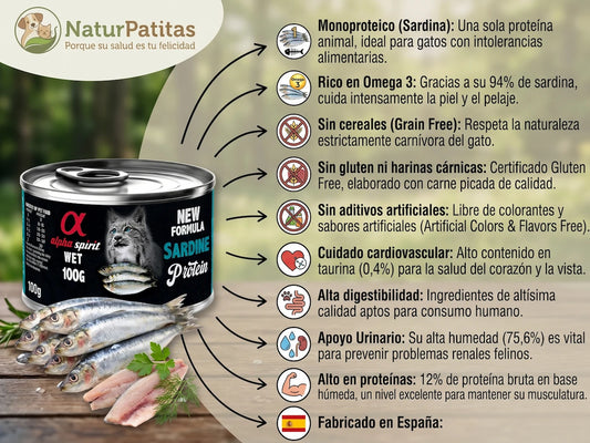 Infografía de la lata de comida húmeda para gatos Alpha Spirit sabor sardina de 100g. Muestra beneficios clave: monoproteico, rico en Omega 3, sin cereales, cuidado cardiovascular y apoyo urinario. Fabricado en España. Logo de NaturPatitas visible.