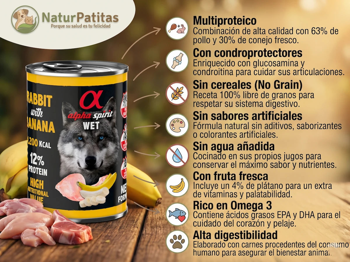 Lata de alimento húmedo natural Alpha Spirit en formato paté de conejo y plátano para perros, receta sin cereales.