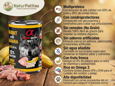Lata de alimento húmedo natural Alpha Spirit en formato paté de conejo y plátano para perros, receta sin cereales.