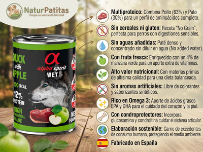 Paté Completo de Pato, Pollo y Manzana Verde SIN CEREALES + ESTÓMAGO SENSIBLE y CUIDADO ARTICULAR para Perro Adulto/Senior Cualquier Tamaño (también Esterilizados)