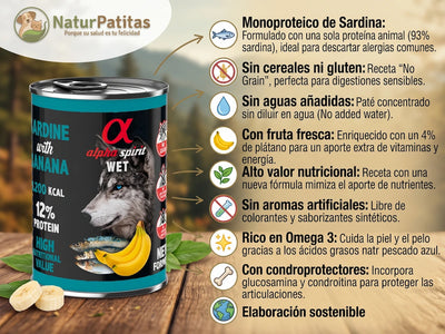 Paté Completo de Sardina y Plátano SIN CEREALES + PIEL Y PELAJE y CUIDADO ARTICULAR para Perro Adulto/Senior de Todos los Tamaños (también Esterilizado)