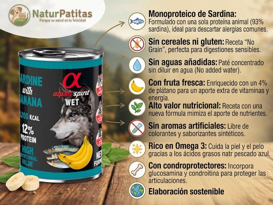 Paté Completo de Sardina y Plátano SIN CEREALES + PIEL Y PELAJE y CUIDADO ARTICULAR para Perro Adulto/Senior de Todos los Tamaños (también Esterilizado)