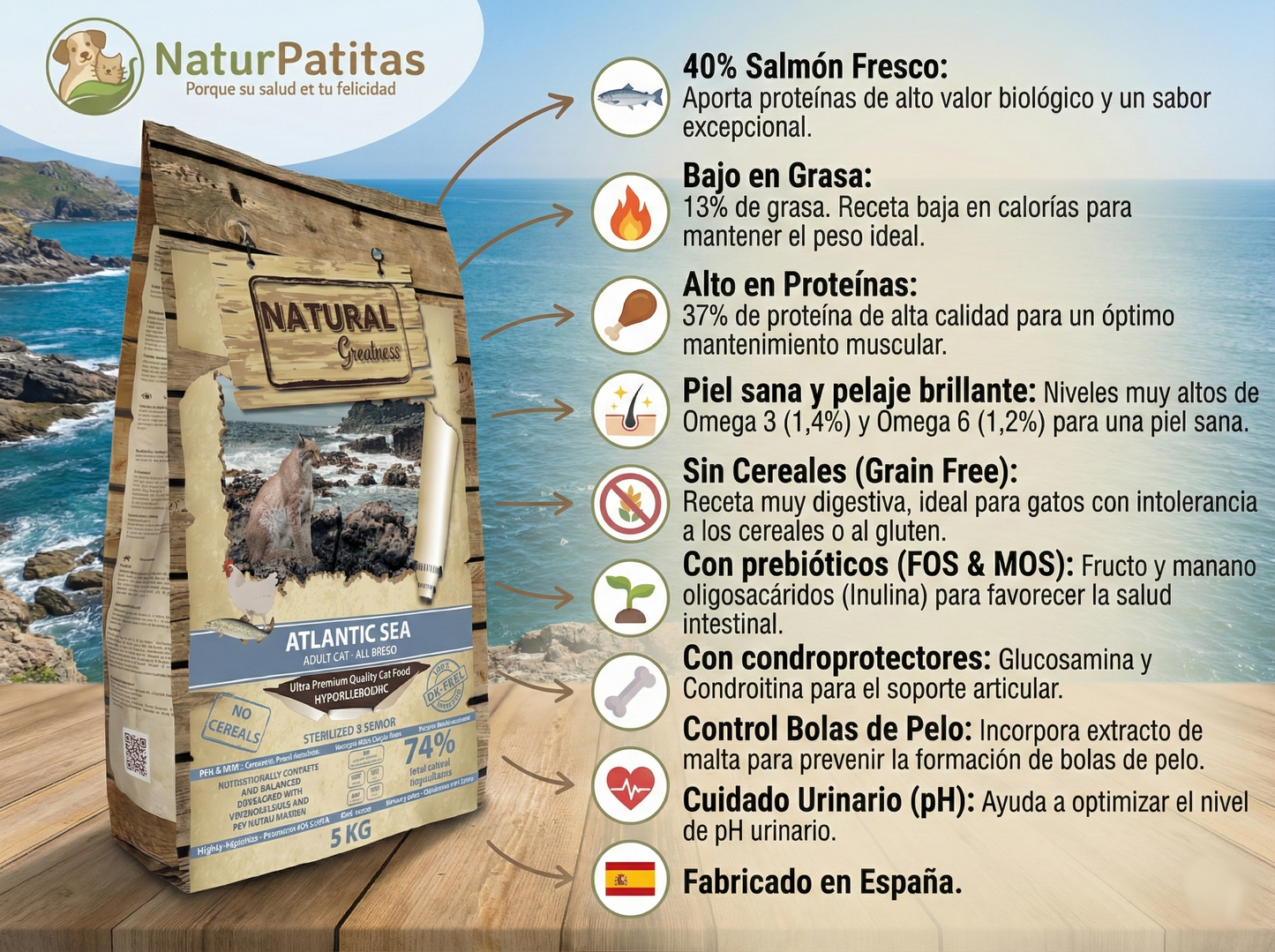 Pienso de Salmón y Pollo "SIN CEREALES + CONTROL DE PESO & APOYO ARTICULAR"  para Gato Adulto/Senior y Esterilizados