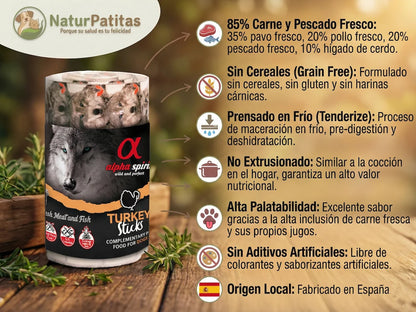 Barrita de snack natural de Pavo fresco y Pollo para Perro con 85% carne