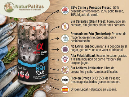 Barrita de snack natural de Pescado fresco y Pollo para Perro con 85% carne