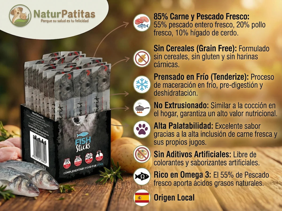 Barrita de snack natural de Pescado fresco y Pollo para Perro con 85% carne