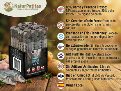 Barrita de snack natural de Pescado fresco y Pollo para Perro con 85% carne
