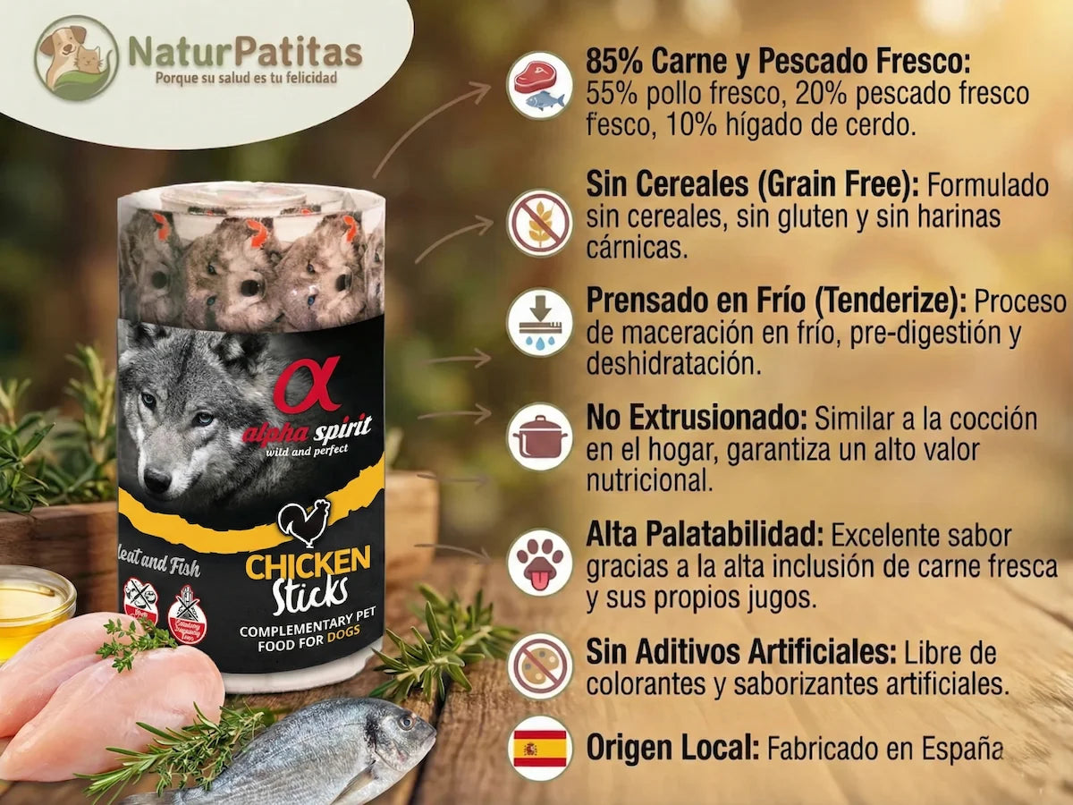 Barrita de snack natural de Pollo fresco y Pescado para Perro con 85% carne