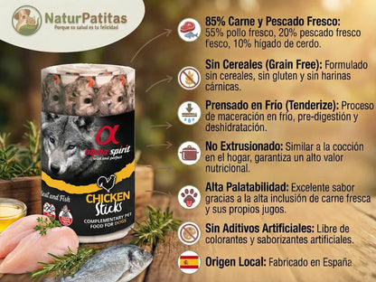 Barrita de snack natural de Pollo fresco y Pescado para Perro con 85% carne