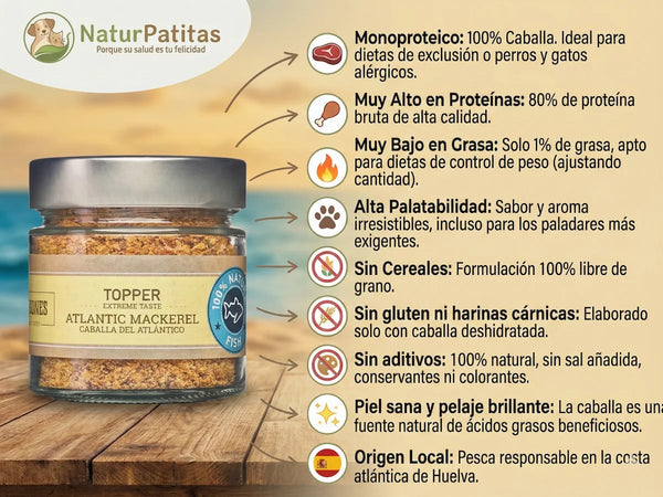 Topper Funcional Aderezo de Caballa SIN CEREALES + CONTROL DE PESO ACTIVO y PIEL y PELO AVANZADO para Perro y Gato (también Esterilizado)
